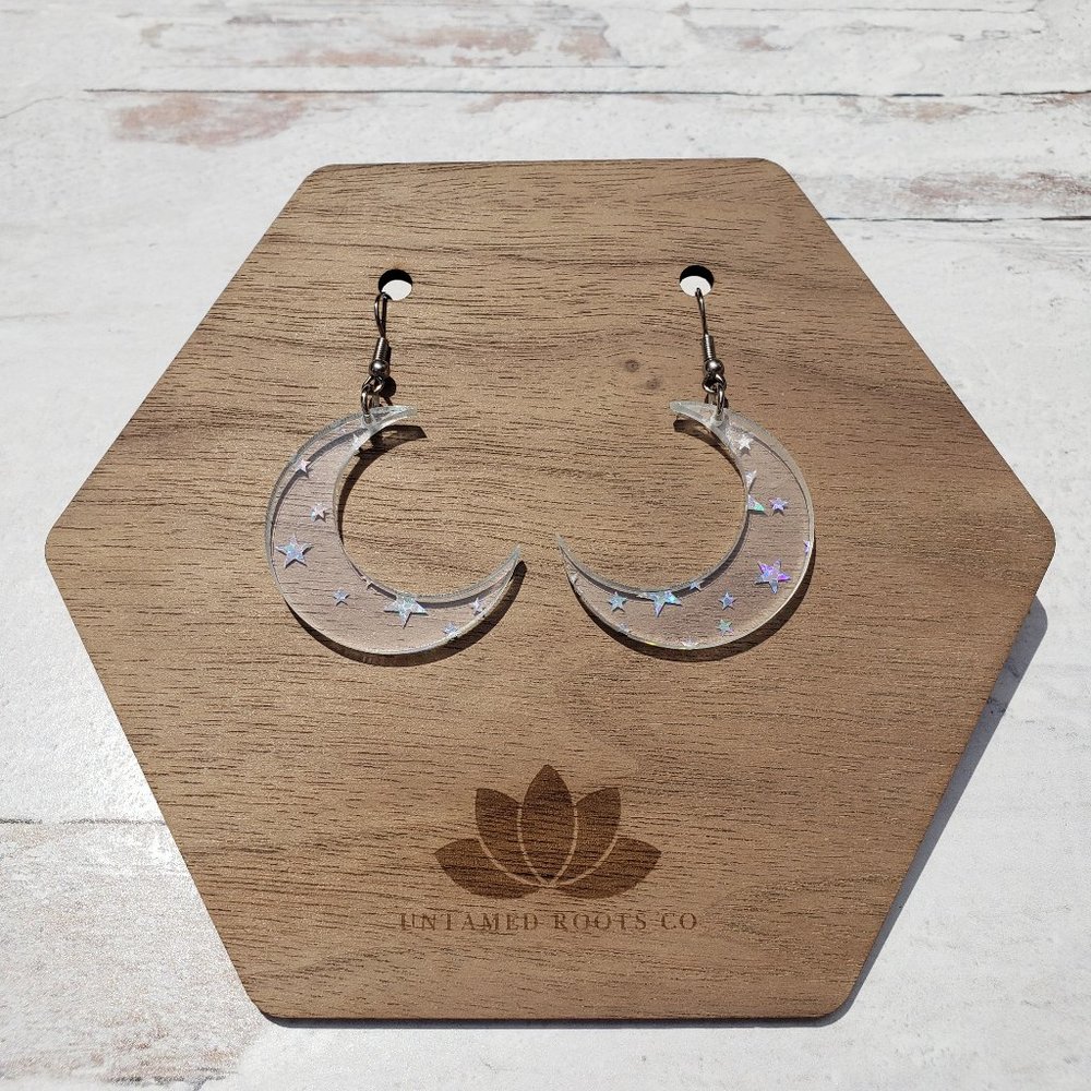 Celestial Crescent Moon Dangle Earrings, Clear with Holographic Stars, Acrylic